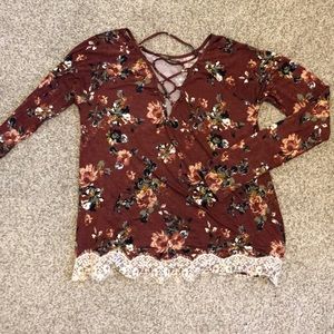 Floral Long Sleeve Plunging Lace Hem Top